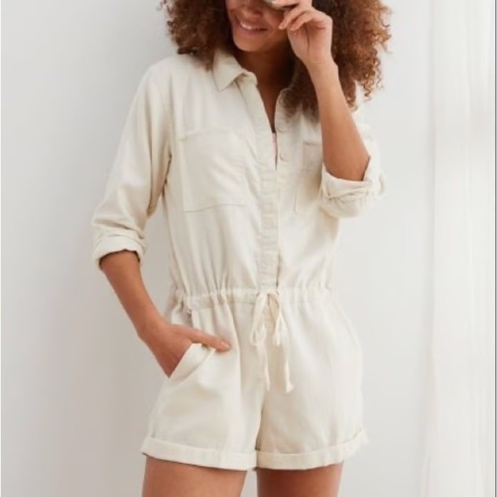 Aerie NWT Women's Utility Romper Cream Long Sleeve Button Down Drawstring XL‎